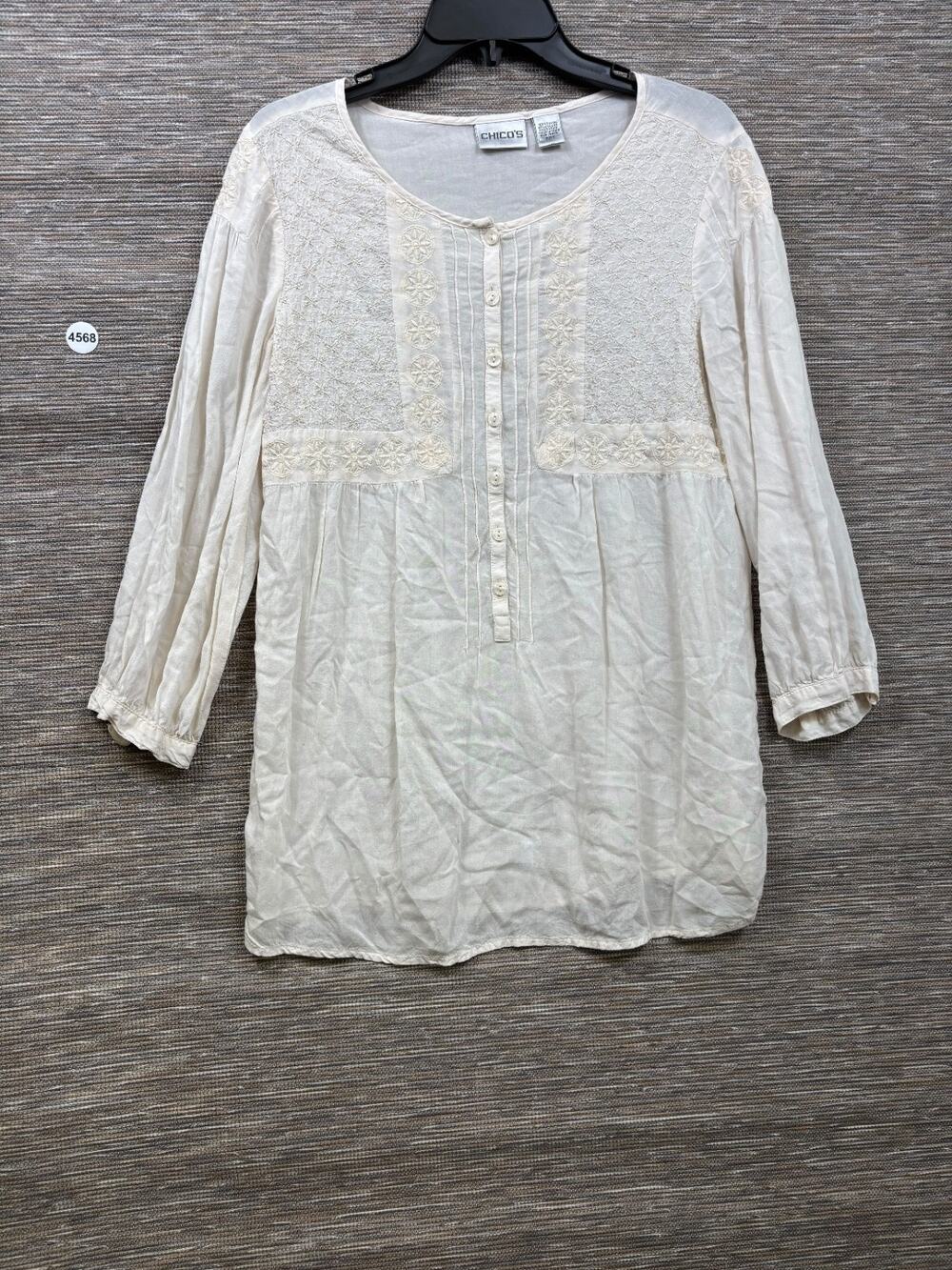 Chico's Boho Peasant Blouse Women Size 0 US 4 Ivory Pintuck Cottagecore Romantic